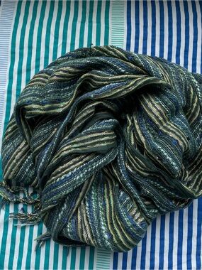 Long fringed scarf in green tones with blue & silver